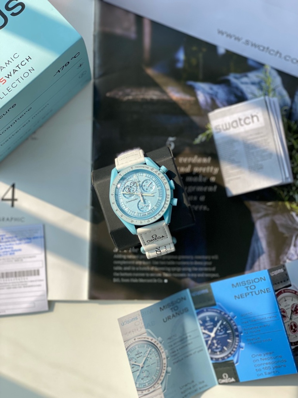 Swatch light blue and white Omega x Swatch Chronograph
